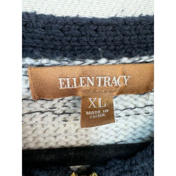 Ellen Tracy Womens Patchwork Zip Knit Cardigan Sweater XL Black & White Blend - Picture 2 of 12